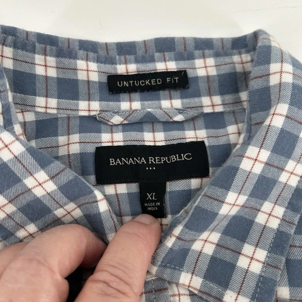 Banana Republic Shirt‎ XL Untucked Fit Blue Plaid Button Up Preppy Casual